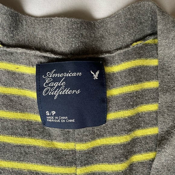 American Eagle Cotton Cardigan Sweater Grey w/ green/yellow stripes SZ Small - Picture 7 of 8